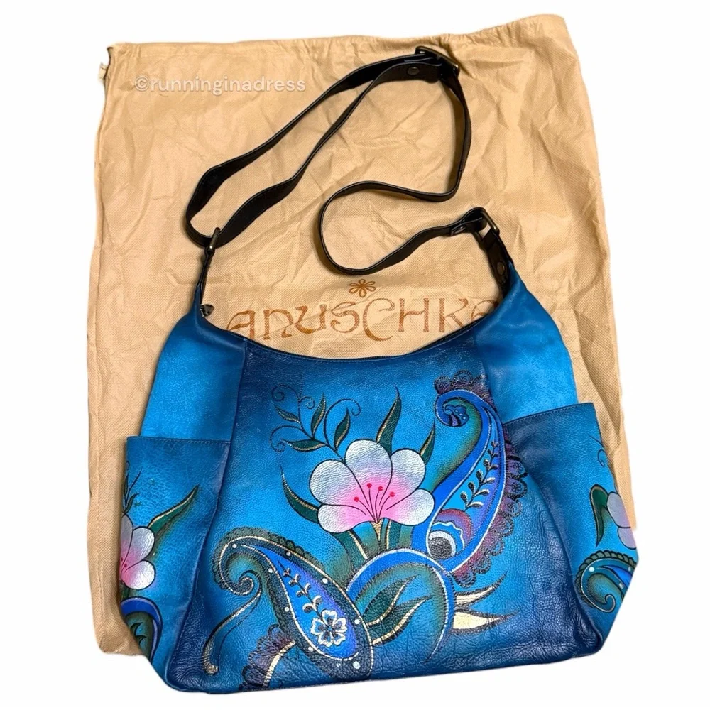 NEW Anuschka Hand Painted Large Multi Pocket Hobo Handbag Denim Paisley Floral